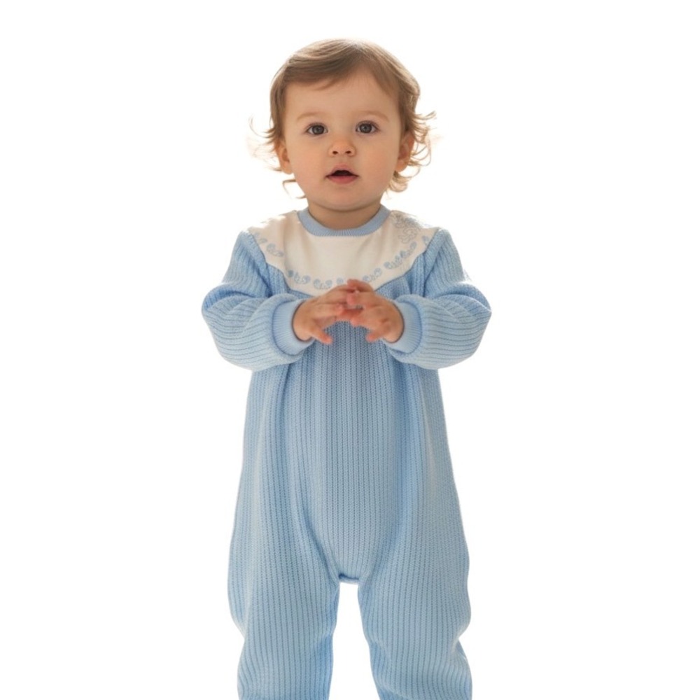 New Vintage DINOU FRENCH ROMPER Blue Sweater White Collar 74cm 1an Size 12m